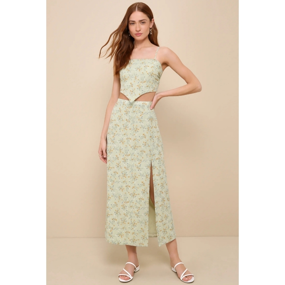 NWT Lulus Perfect Times Sage Green Floral Tie-back Two-piece Midi Dress - Size S